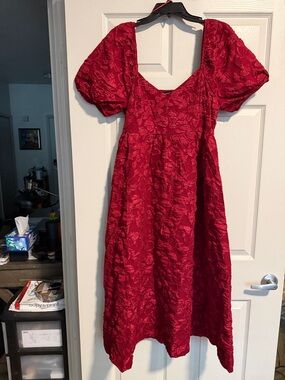 Textured Red Puff-Sleeve Midi Dress with Square Neck. Nordstrom brand.